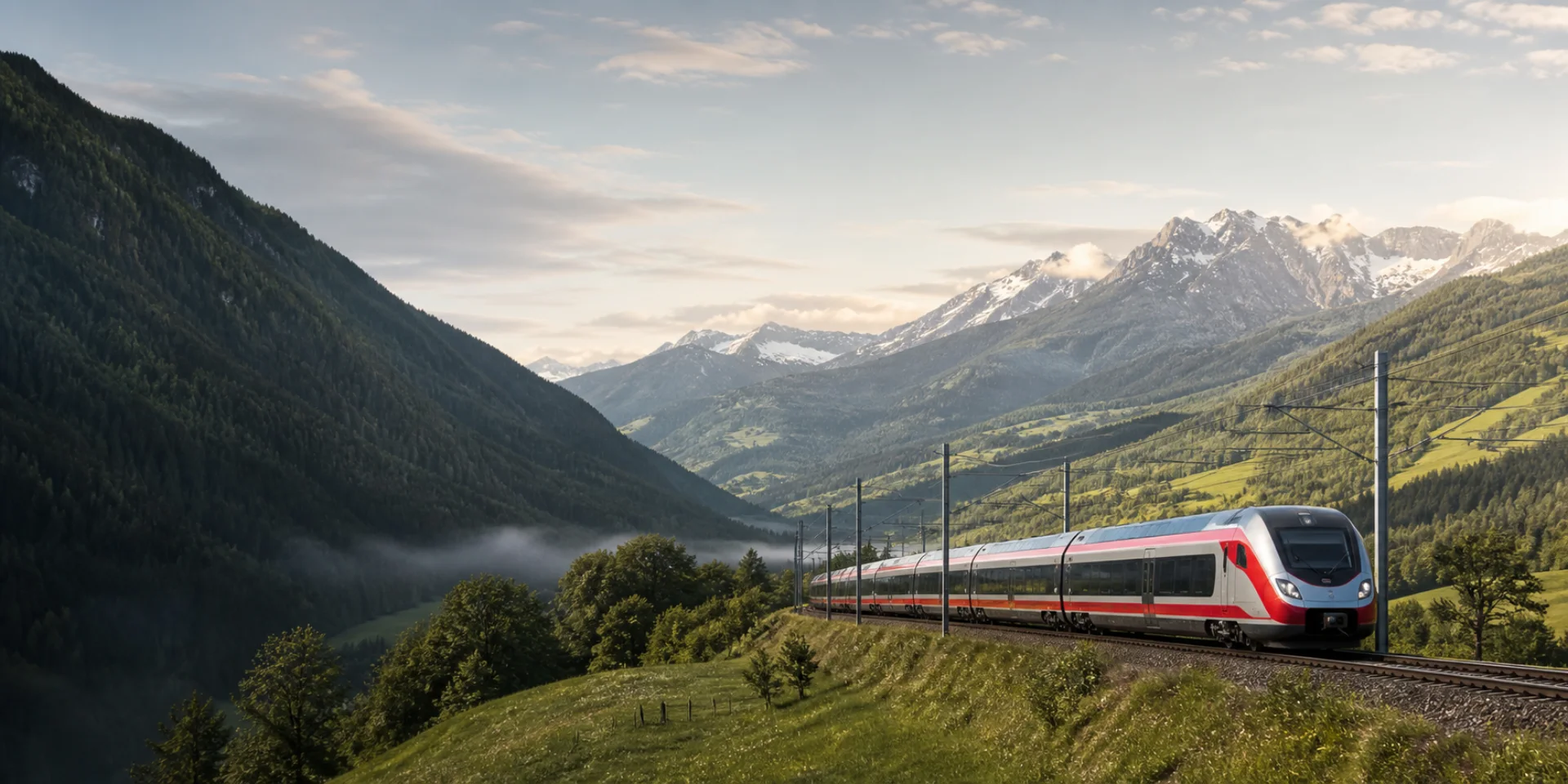 Ein roter Zug fährt durch die österreichischen Alpen